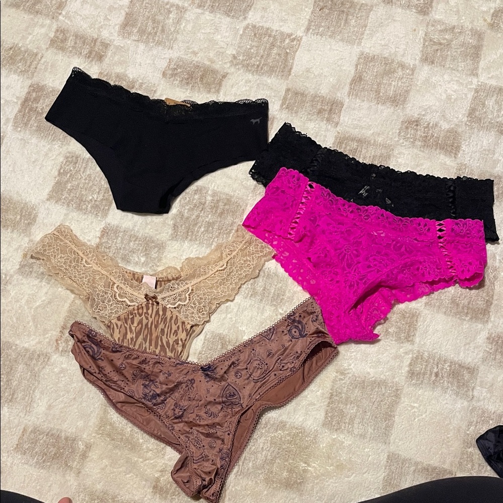 Victoria's Secret Black, Hot Pink, Beige, Brown Lace & Cotton Panty Set